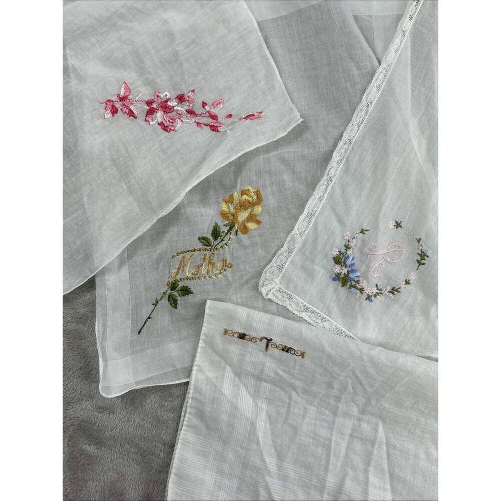 Vtg Erin O'Dell Handkerchief Hankie Lot Floral Embroidered Mother Mix Brands - Picture 9 of 10